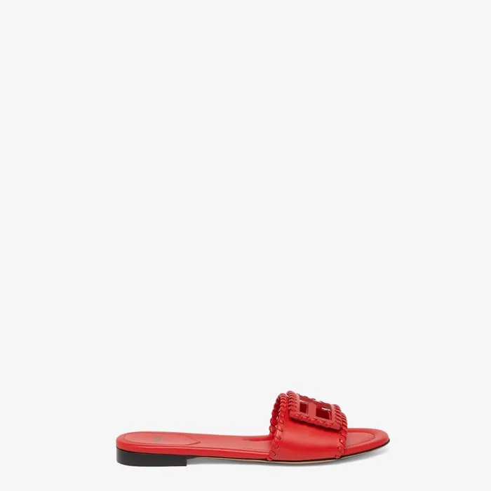 Woman Red Leather Slides Beige Fendi Slides and Mules