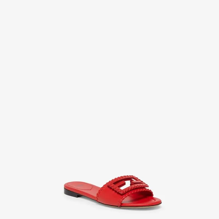 Woman Red Leather Slides Beige Fendi Slides and Mules