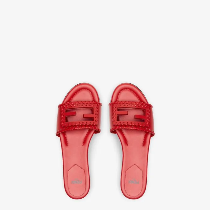 Woman Red Leather Slides Beige Fendi Slides and Mules