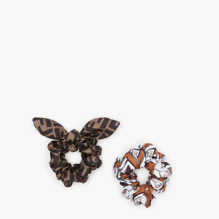 Woman Set Of Two Multicolour Silk Hair Elastics Beige Fendi Hair Accessories
