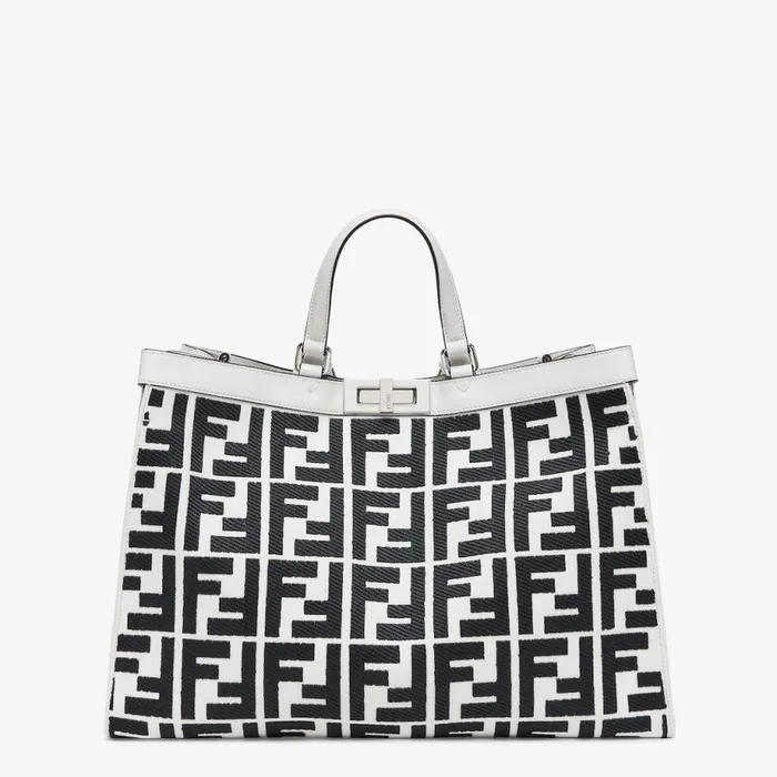 Woman White Canvas Shopper With Ff Embroidery White Fendi Tote Bags