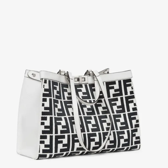 Woman White Canvas Shopper With Ff Embroidery White Fendi Tote Bags