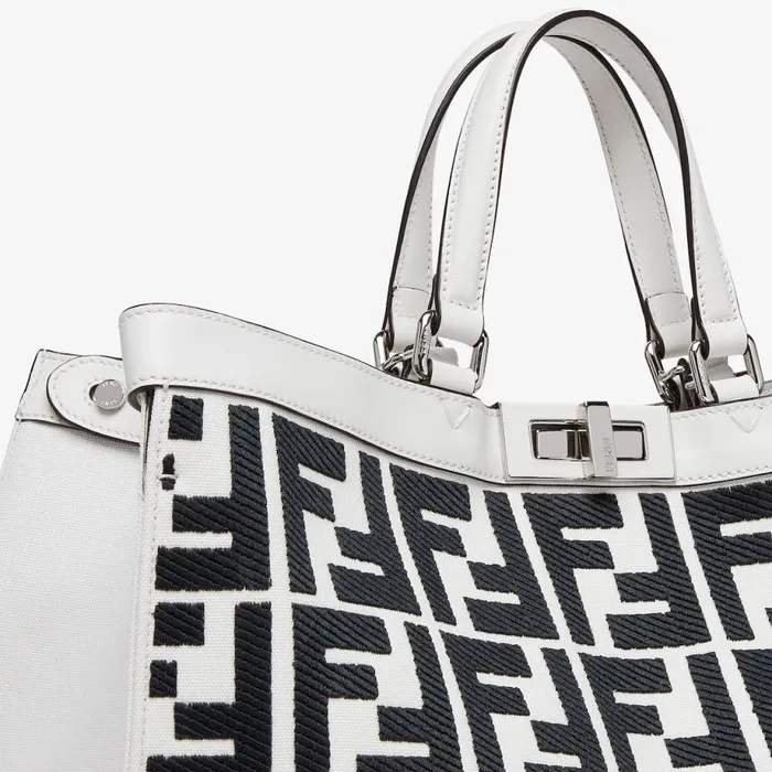 Woman White Canvas Shopper With Ff Embroidery White Fendi Tote Bags