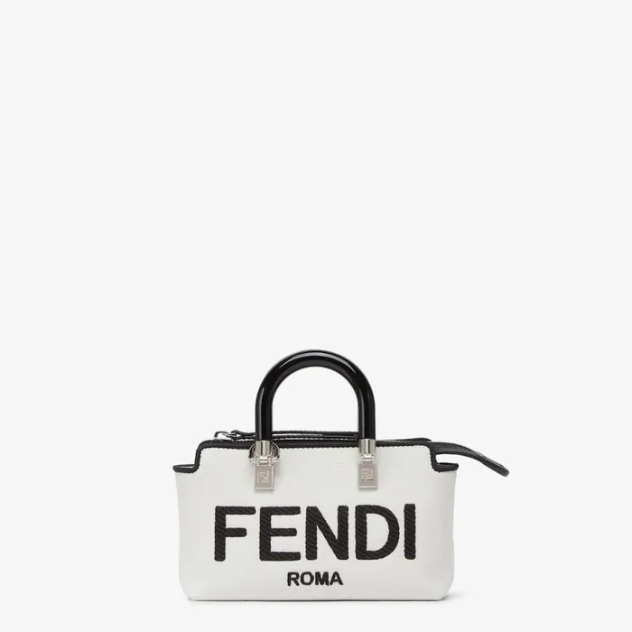 Woman White Canvas Small Boston Bag With Fendi Roma Embroidery White Fendi Mini Bags