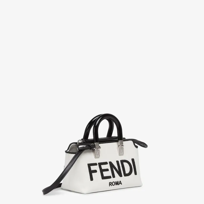 Woman White Canvas Small Boston Bag With Fendi Roma Embroidery White Fendi Mini Bags