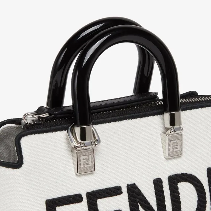 Woman White Canvas Small Boston Bag With Fendi Roma Embroidery White Fendi Mini Bags