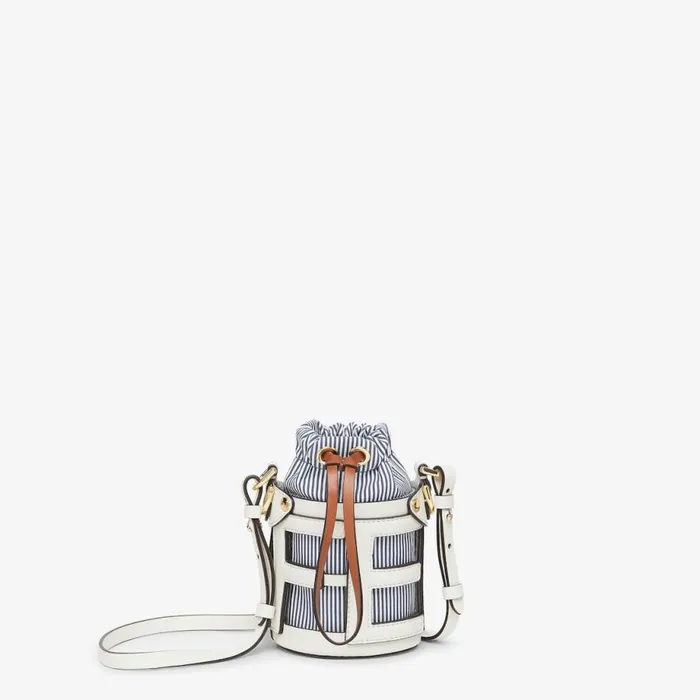Woman White Leather And Striped Fabric Bucket Bag White Fendi Mini Bags