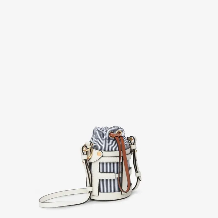 Woman White Leather And Striped Fabric Bucket Bag White Fendi Mini Bags