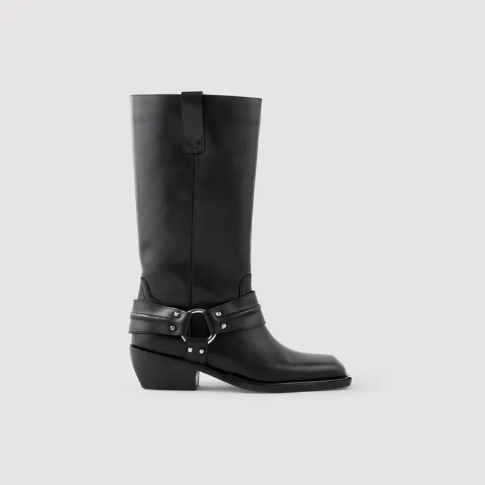 Women Boots SANDRO Leather Biker Boots Black