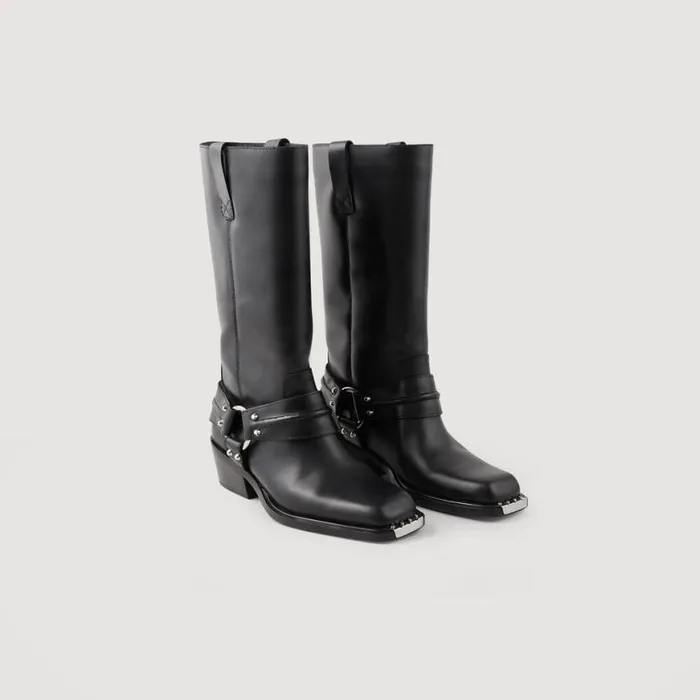 Women Boots SANDRO Leather Biker Boots Black