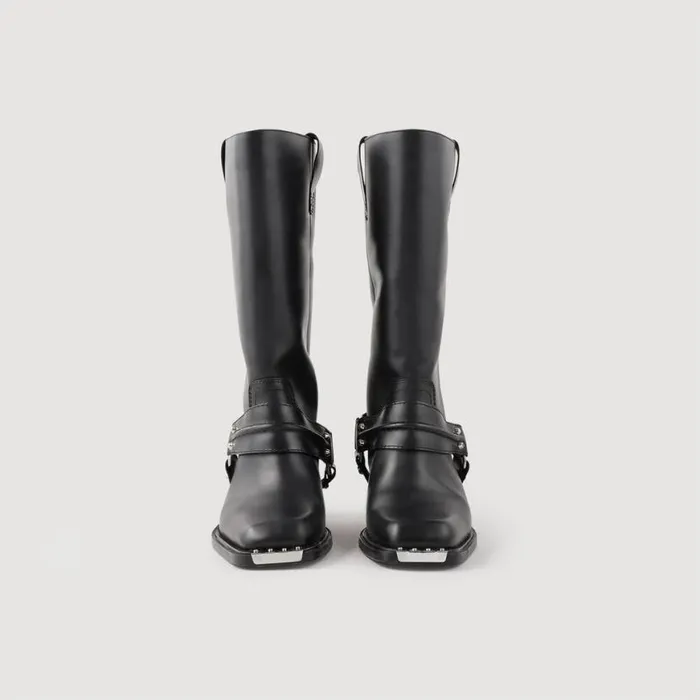 Women Boots SANDRO Leather Biker Boots Black