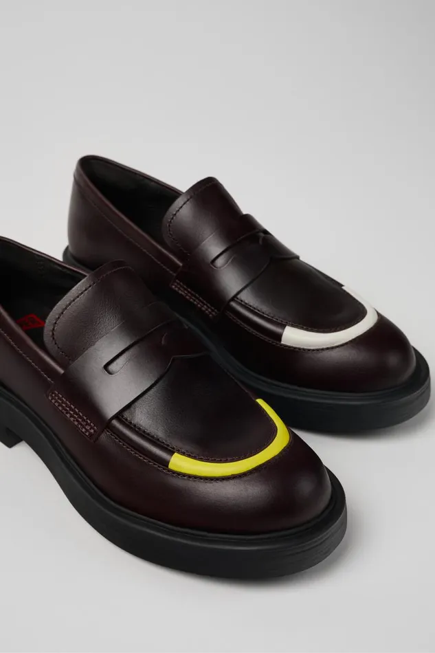 Women Camper Formal Shoes Twins Burgundy Leather Loafers