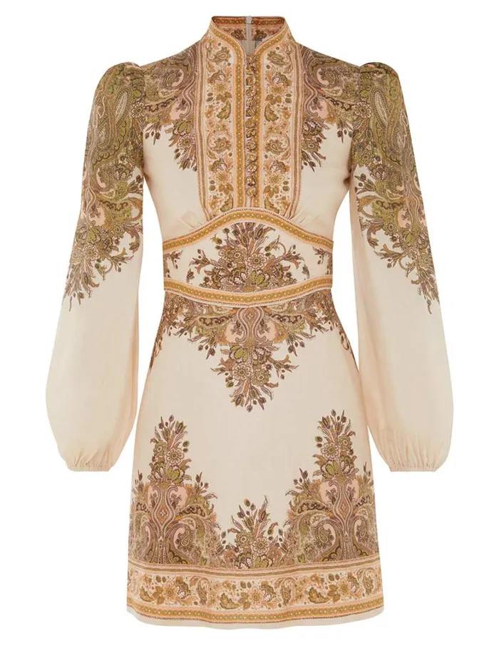 Women Clothing Zimmermann Natura Buttoned Mini Dress Khaki Paisley