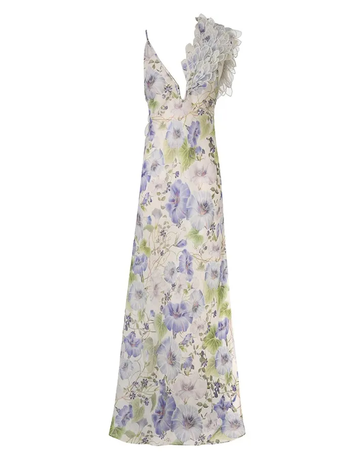 Women Clothing Zimmermann Natura Feather Slip Gown Blue Floral
