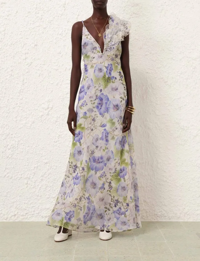 Women Clothing Zimmermann Natura Feather Slip Gown Blue Floral