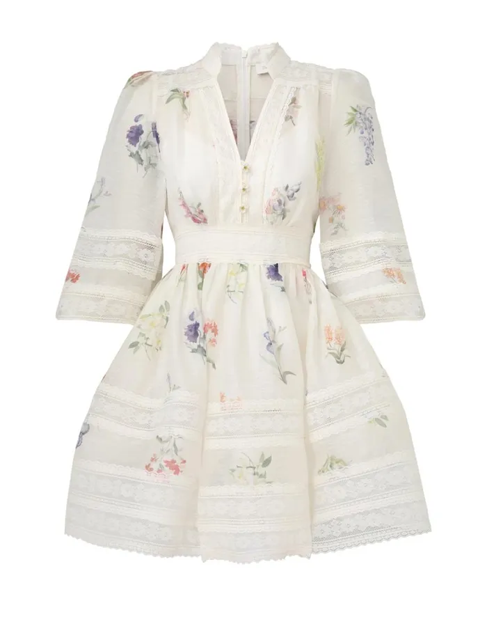 Women Clothing Zimmermann Natura V Neck Lace Mini Dress Multi Botanical Ivory