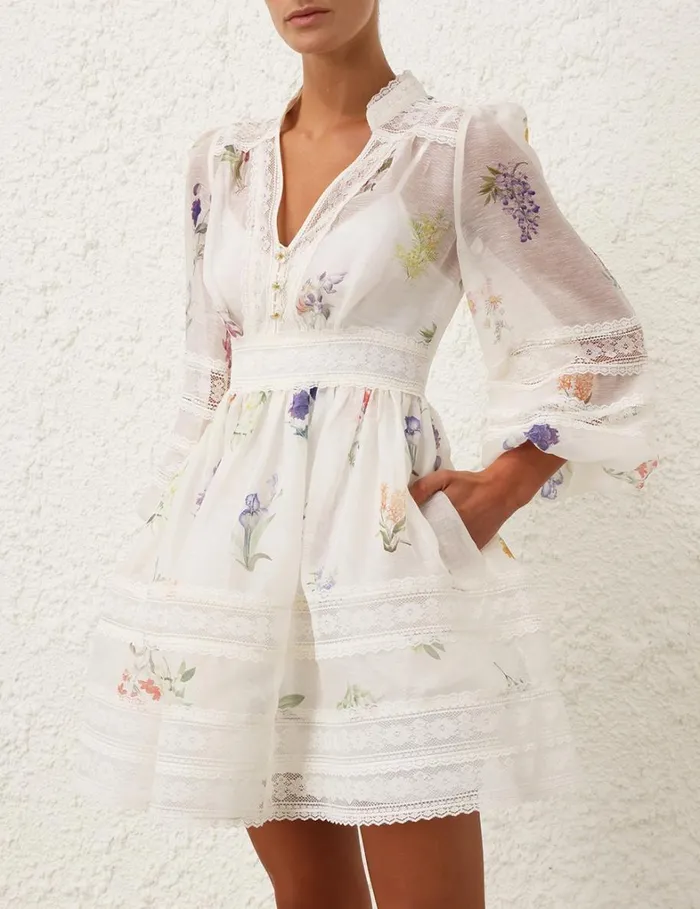 Women Clothing Zimmermann Natura V Neck Lace Mini Dress Multi Botanical Ivory