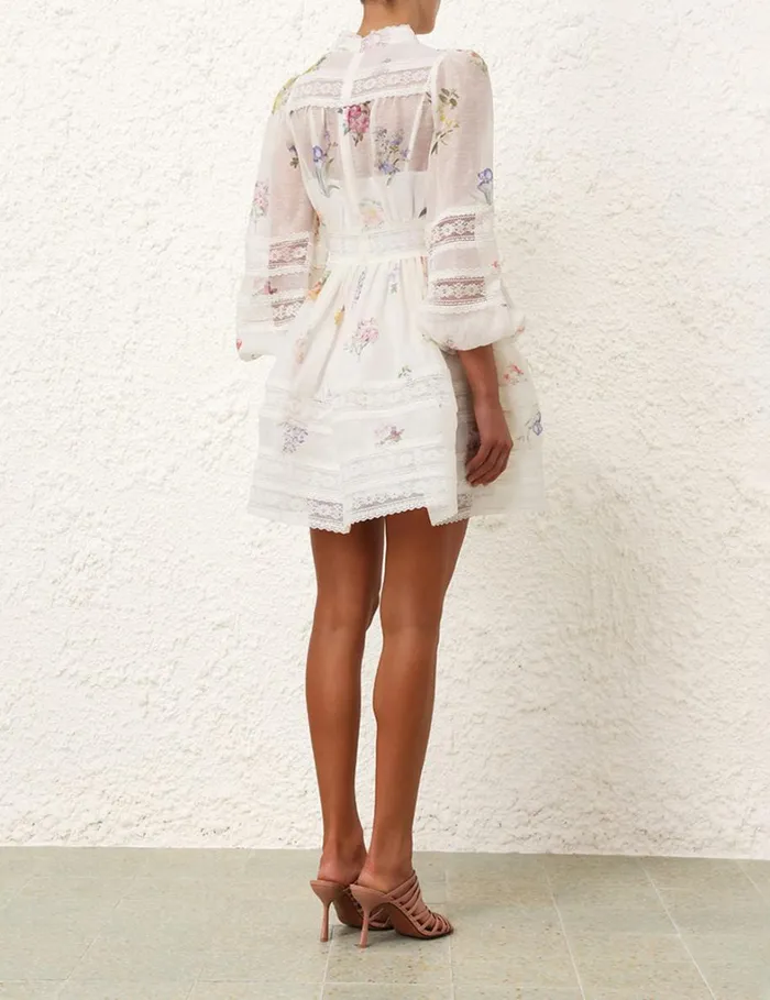 Women Clothing Zimmermann Natura V Neck Lace Mini Dress Multi Botanical Ivory