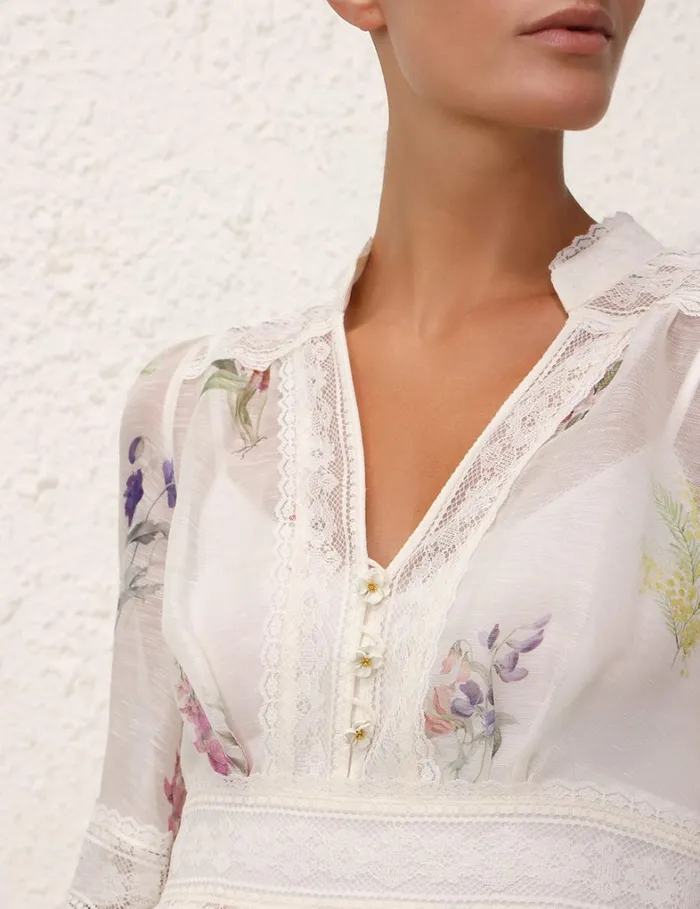 Women Clothing Zimmermann Natura V Neck Lace Mini Dress Multi Botanical Ivory