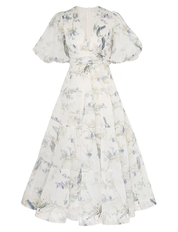 Women Clothing Zimmermann Pleated Midi Dress Blue Birds