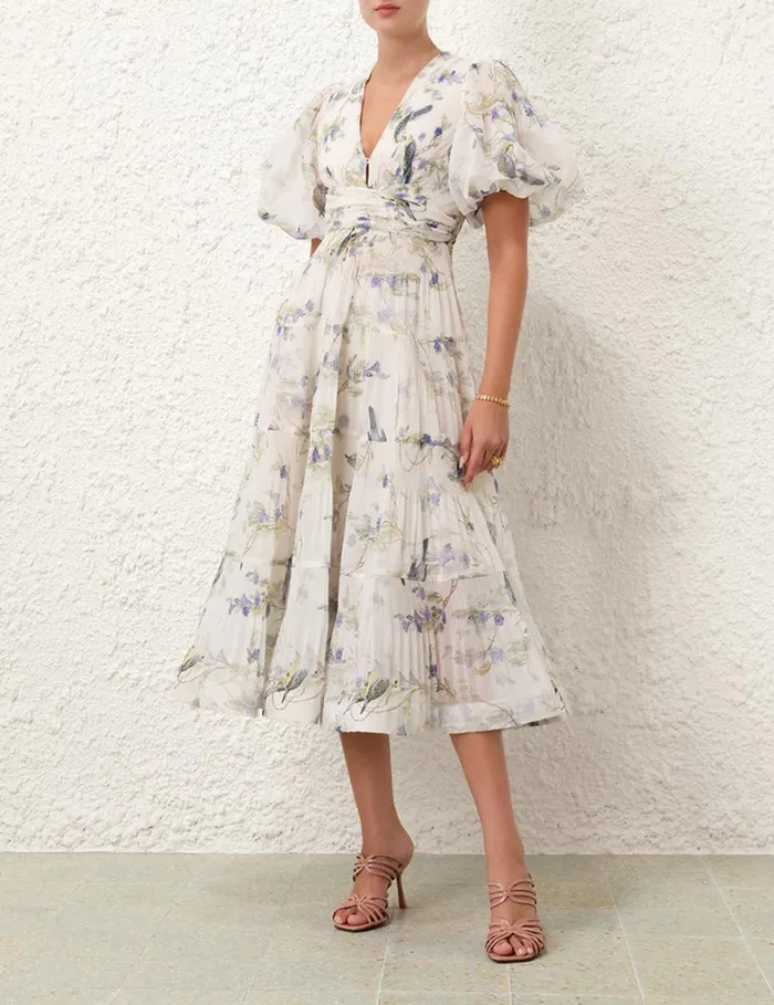 Women Clothing Zimmermann Pleated Midi Dress Blue Birds