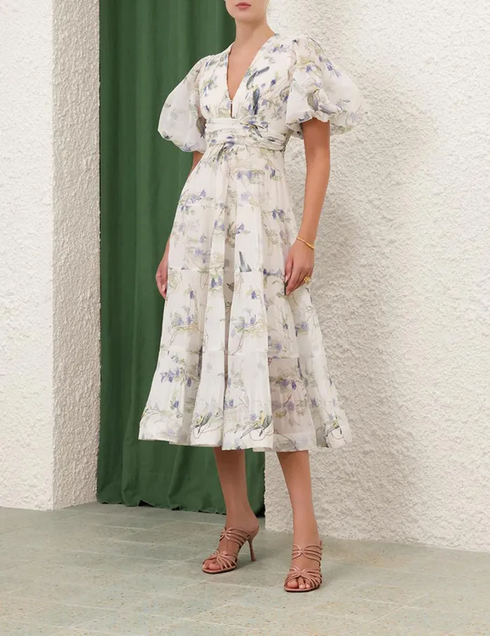 Women Clothing Zimmermann Pleated Midi Dress Blue Birds