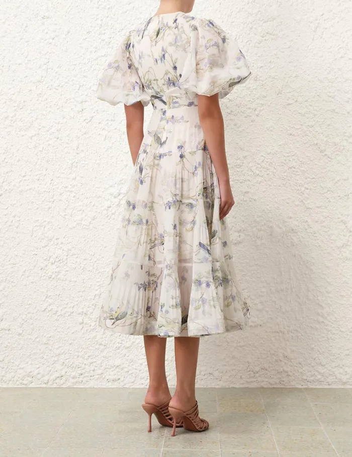 Women Clothing Zimmermann Pleated Midi Dress Blue Birds