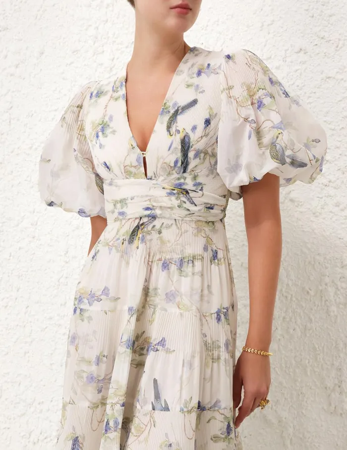 Women Clothing Zimmermann Pleated Midi Dress Blue Birds