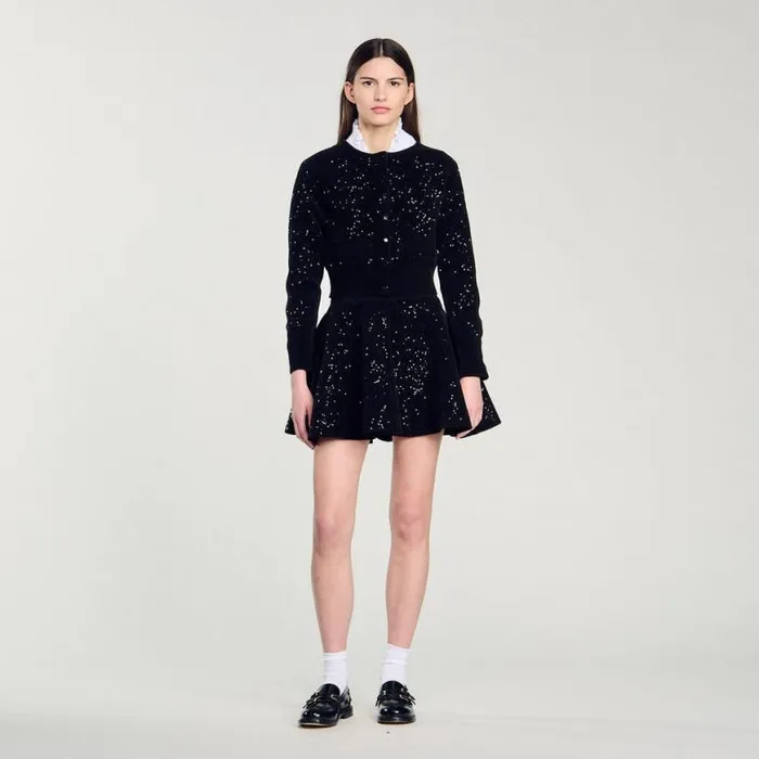 Women Coatigans SANDRO Sequinned Velvet Cardigan Black