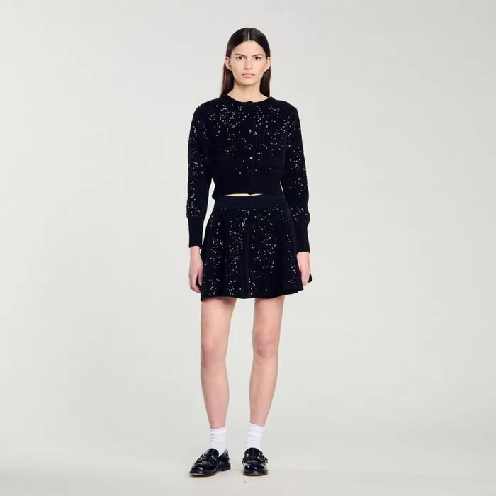 Women Coatigans SANDRO Sequinned Velvet Cardigan Black