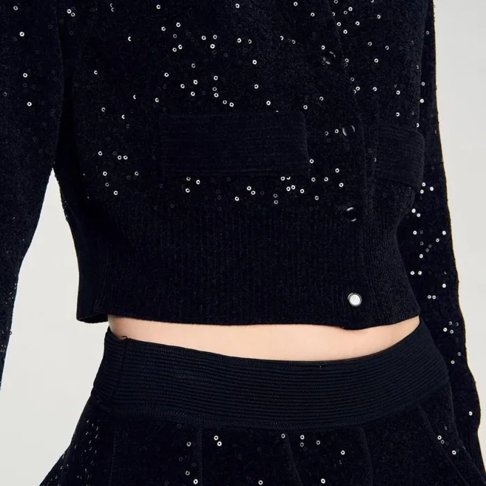 Women Coatigans SANDRO Sequinned Velvet Cardigan Black