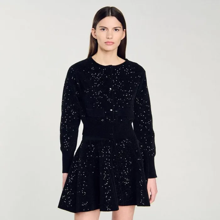 Women Coatigans SANDRO Sequinned Velvet Cardigan Black