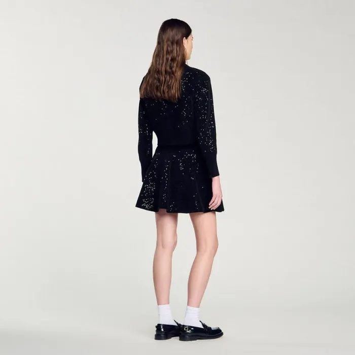 Women Coatigans SANDRO Sequinned Velvet Cardigan Black