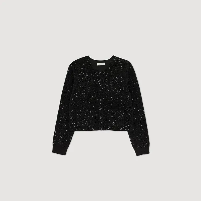Women Coatigans SANDRO Sequinned Velvet Cardigan Black