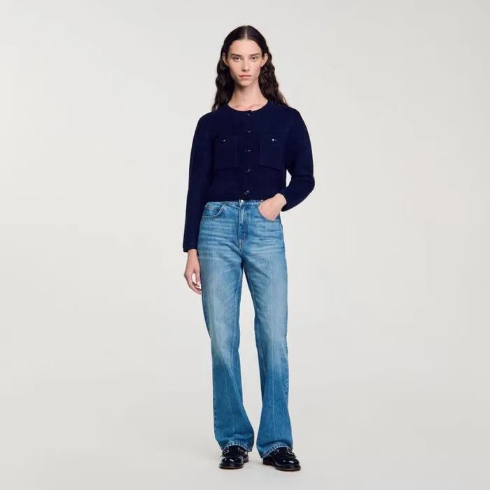Women Coatigans SANDRO Short Knit Jacket Navy Blue