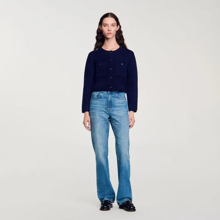 Women Coatigans SANDRO Short Knit Jacket Navy Blue