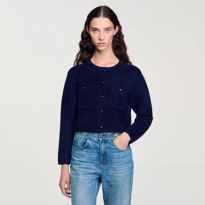 Women Coatigans SANDRO Short Knit Jacket Navy Blue