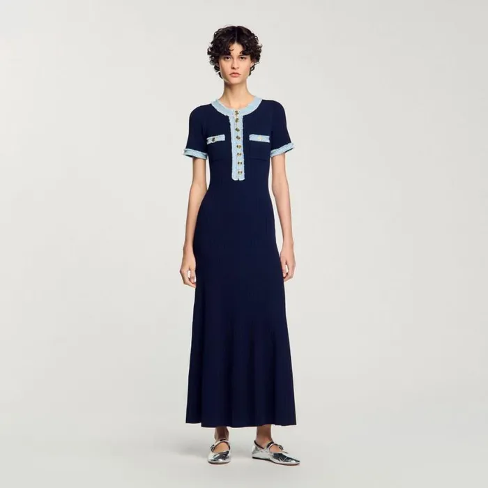 Women Dresses SANDRO Knit And Denim Midi Dress Navy Blue