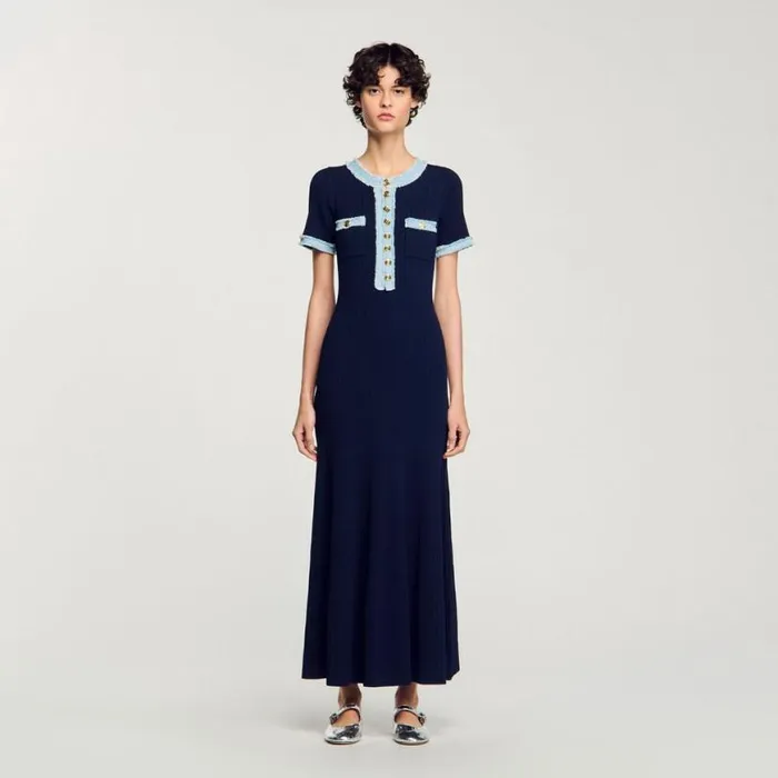 Women Dresses SANDRO Knit And Denim Midi Dress Navy Blue