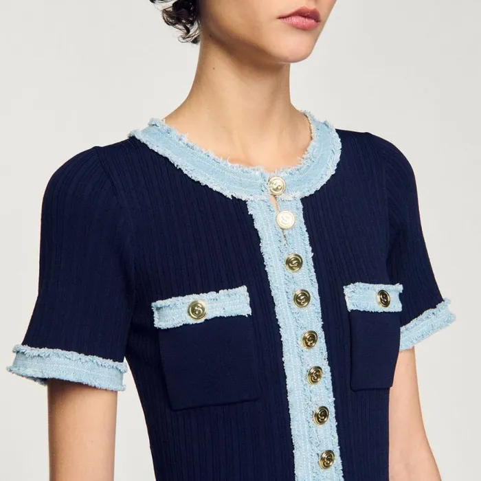 Women Dresses SANDRO Knit And Denim Midi Dress Navy Blue