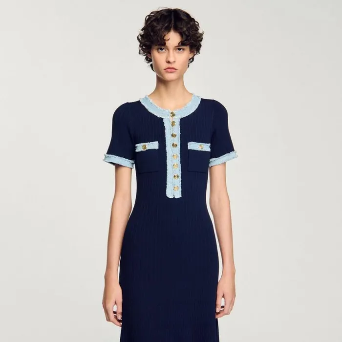 Women Dresses SANDRO Knit And Denim Midi Dress Navy Blue