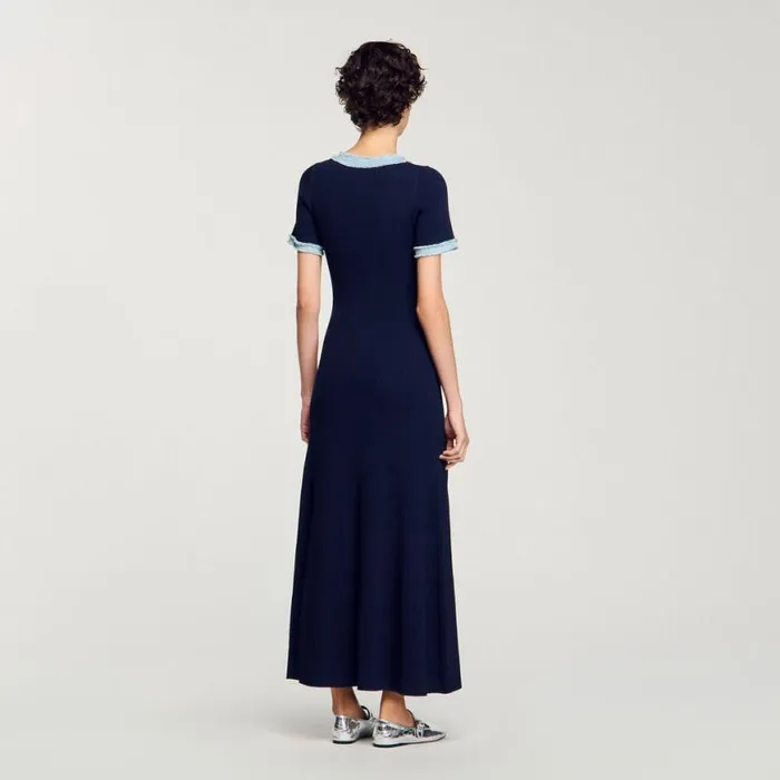 Women Dresses SANDRO Knit And Denim Midi Dress Navy Blue