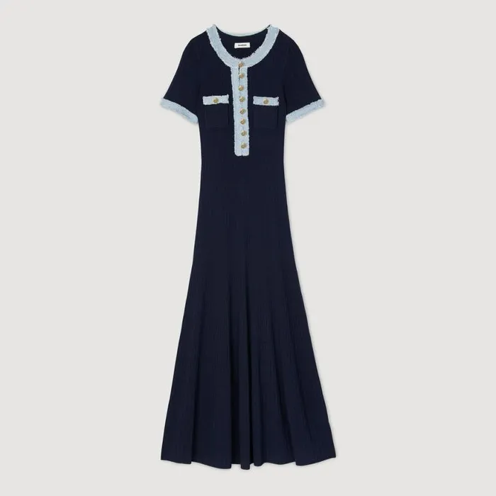 Women Dresses SANDRO Knit And Denim Midi Dress Navy Blue