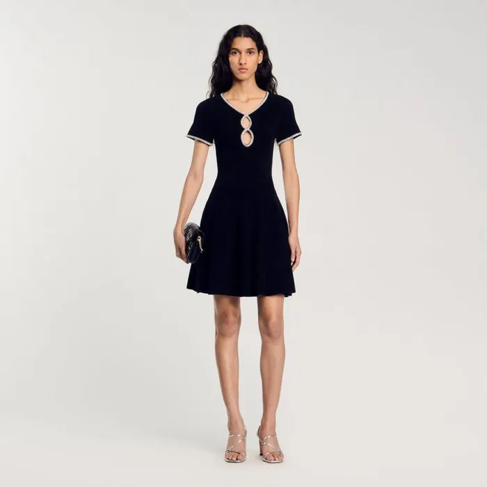Women Dresses SANDRO Rhinestone Velvet Dress Black
