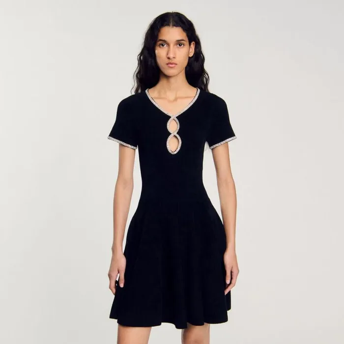 Women Dresses SANDRO Rhinestone Velvet Dress Black