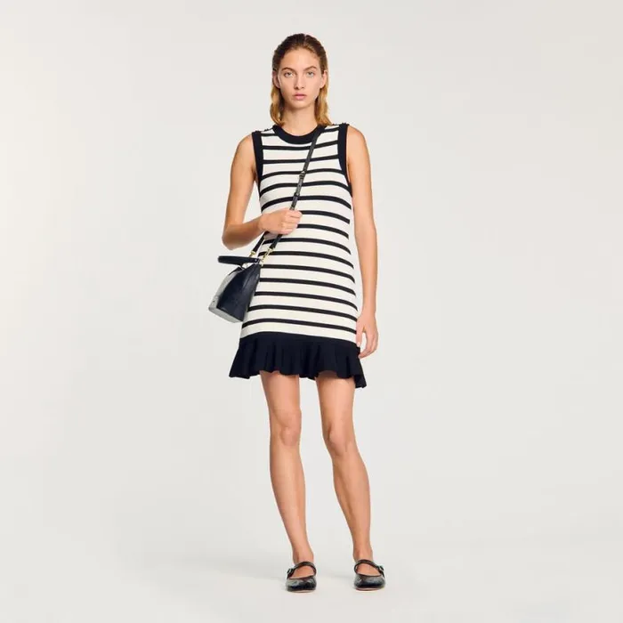 Women Dresses SANDRO Striped Knit Short Dress Ecru Black