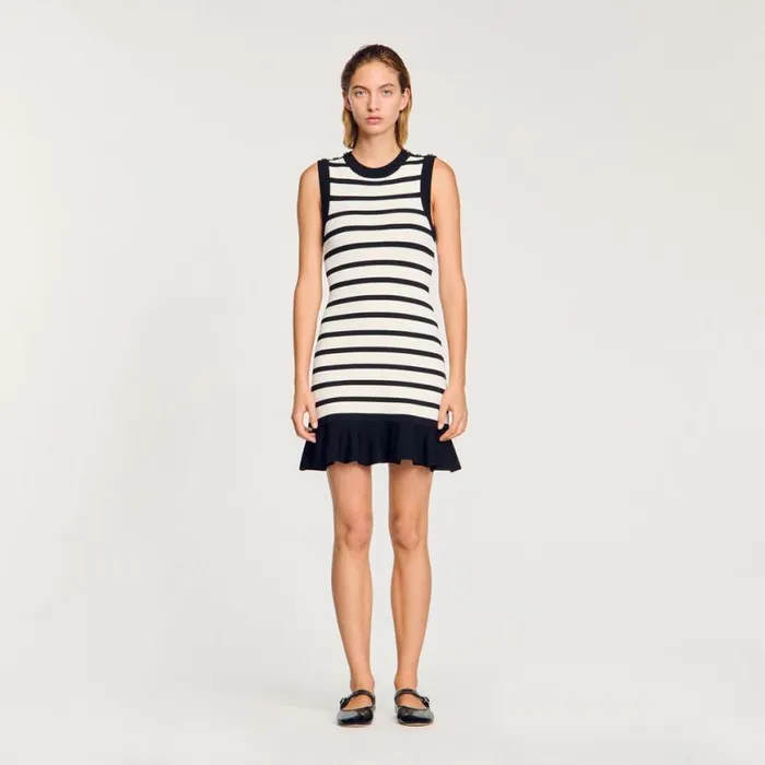 Women Dresses SANDRO Striped Knit Short Dress Ecru Black