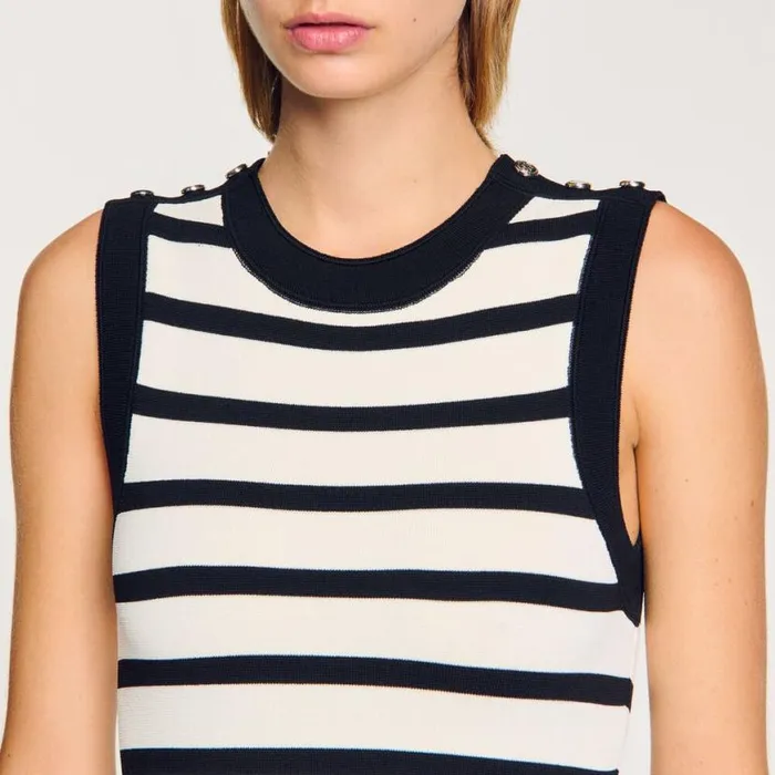 Women Dresses SANDRO Striped Knit Short Dress Ecru Black