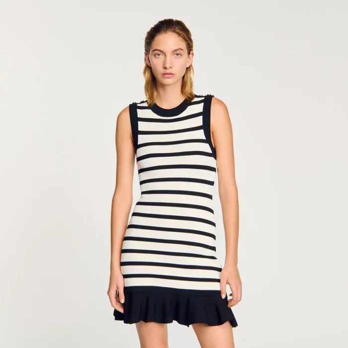 Women Dresses SANDRO Striped Knit Short Dress Ecru Black