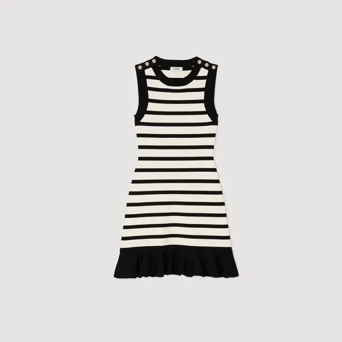 Women Dresses SANDRO Striped Knit Short Dress Ecru Black